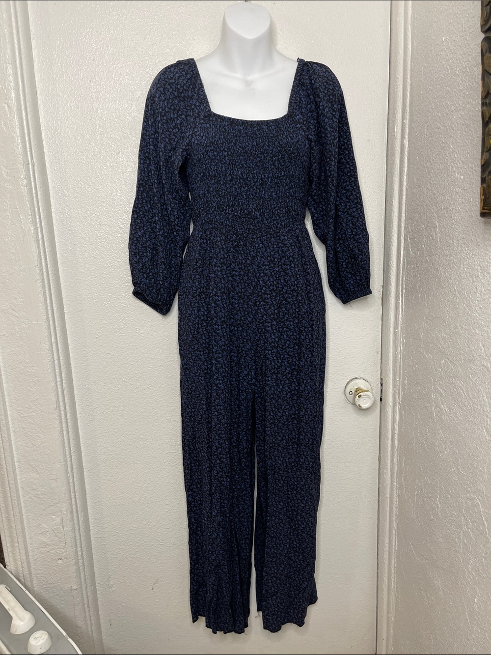 Madewell Navy Smocked Square-Neck Jumpsuit with Puff Sleeves